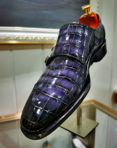 Casual Alligator Leather Triple Monk Strap Slip-on Loafer Cap Toe Shoes-Upper