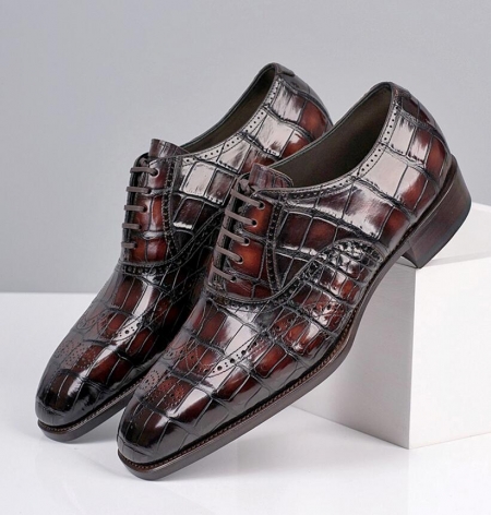 Alligator Wingtip Brogue Lace-up Oxford Formal Business Shoes for Men-Burgundy