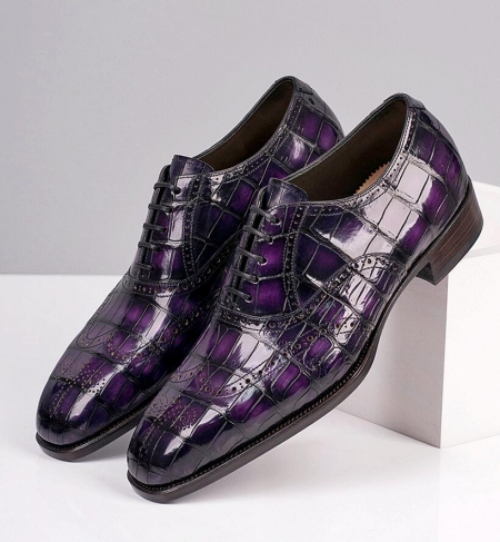 Alligator Wingtip Brogue Lace-up Oxford Formal Business Shoes for Men-Purple