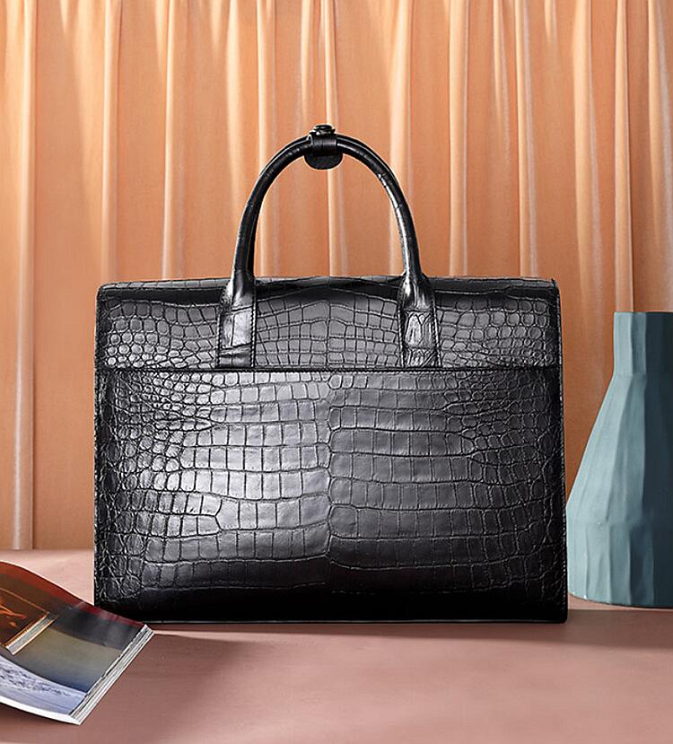 Best Leather Briefcases-Formal Alligator Leather Flapover Briefcase Laptop Business Bag for Men