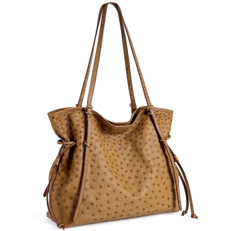 Tan-brown tote bag with an ostrich-embossed texture, two long shoulder straps, and side drawstrings for a casual, stylish look.