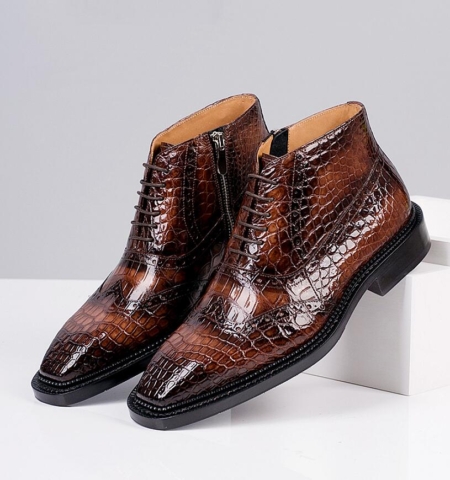 Alligator Wingtip Dress Chukka Boots-Brown-3