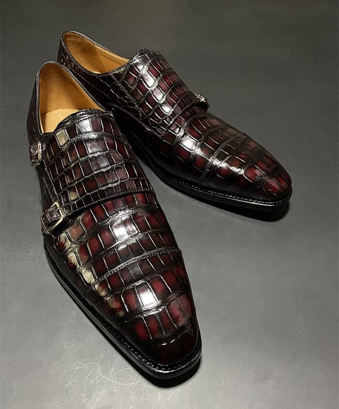 Alligator Double Monk Strap Slip-on Loafer Cap Toe Oxford Shoes