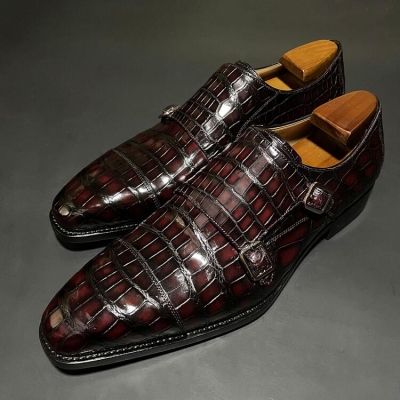 Alligator Double Monk Strap Slip on Loafer Cap Toe Oxford Shoes