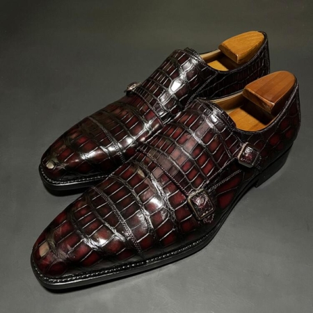 Alligator Double Monk Strap Slip-on Loafer Cap Toe Oxford Shoes