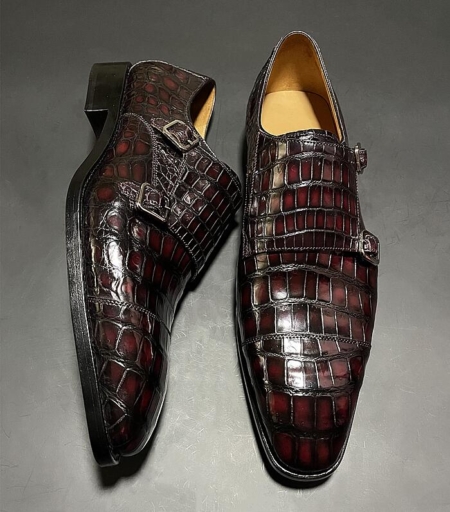 Alligator Double Monk Strap Slip-on Loafer Cap Toe Oxford Shoes