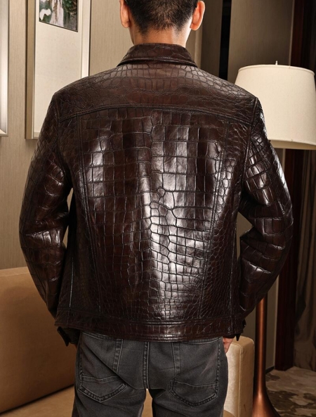 Alligator Leather Jacket Slim Fit Trucker Coat-Back