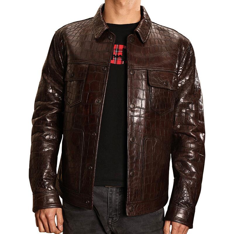 Crocodile Embossed Biker Leather Jacket for Men Alligator 