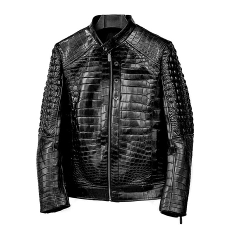Black Crocodile Leather Biker Jackets