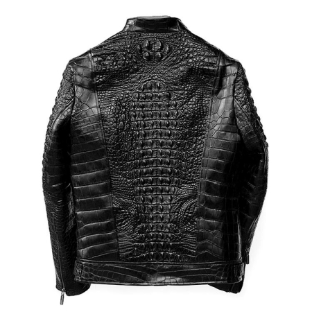 Black Crocodile Leather Biker Jackets-Back