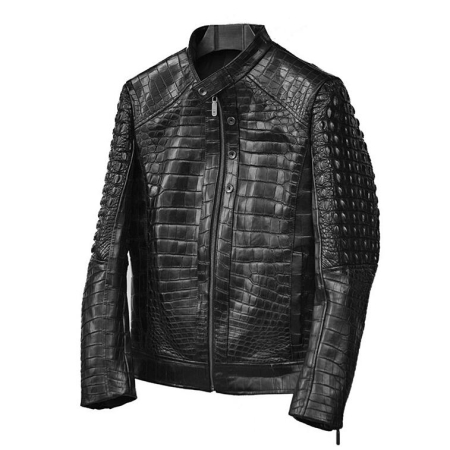 Black Crocodile Leather Biker Jackets for Men