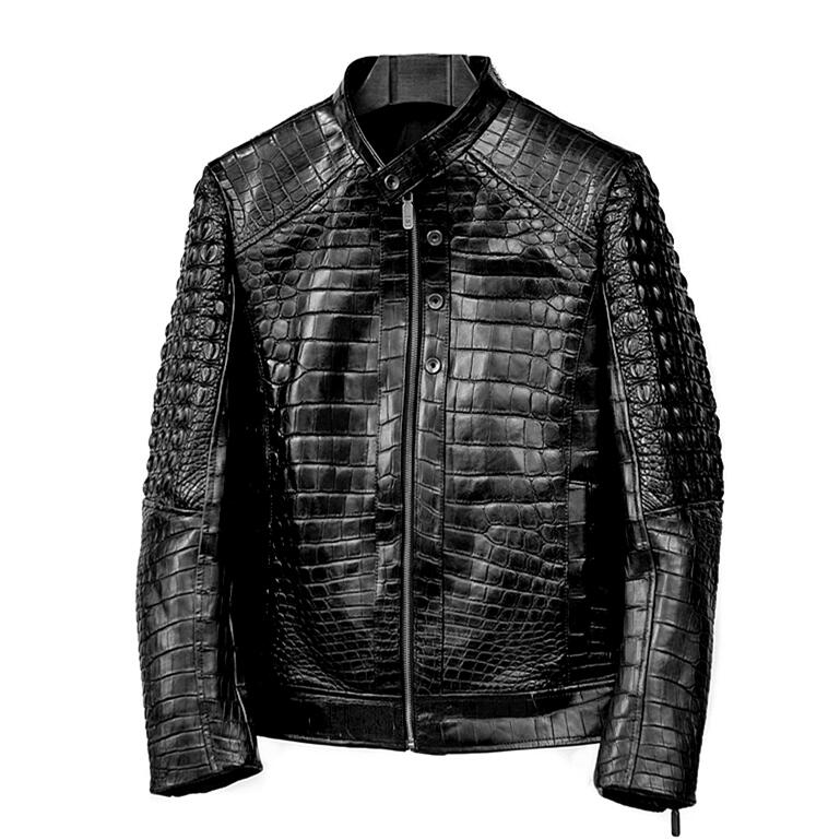 Black/Brown Biker Alligator Croc Print Leather Jacket - Jackets