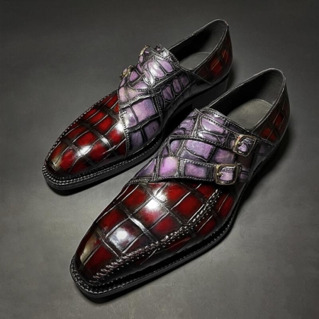 Stylish Alligator Leather Double Buckle Monk Strap Loafers