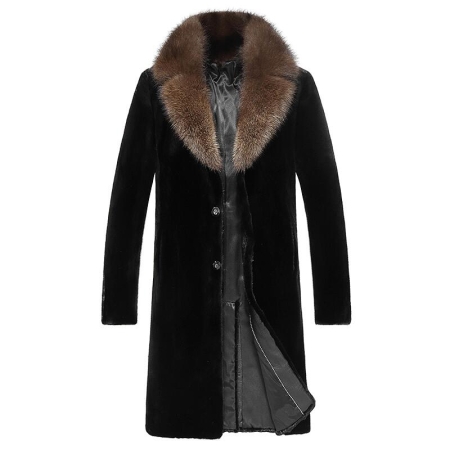 Long Mink Fur Coat Outwear Winter Parka Overcoat for Men-Black
