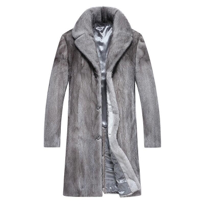 Long Mink Fur Coat Outwear Winter Parka Overcoat for Men-Gray