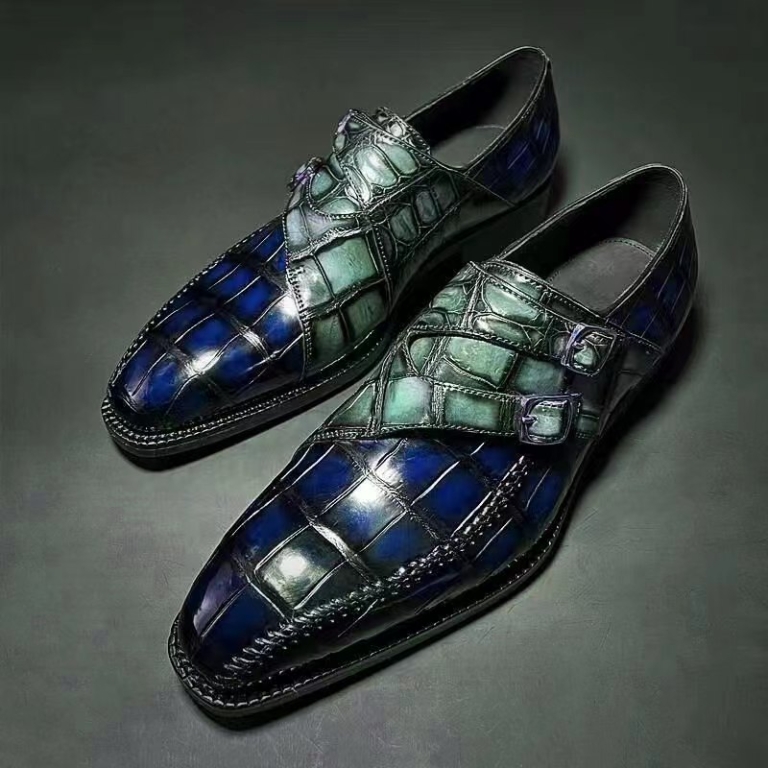 Stylish Alligator Leather Double Buckle Monk Strap Loafers