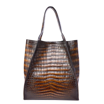 Unisex Alligator Tote Handbags Patina Shopping Bags-Brown