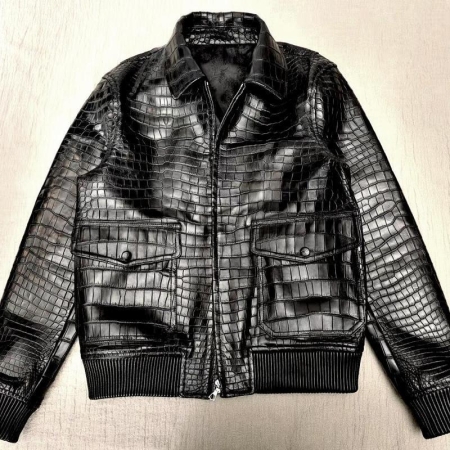 Alligator Jacket With Removable Mink Collar-Black