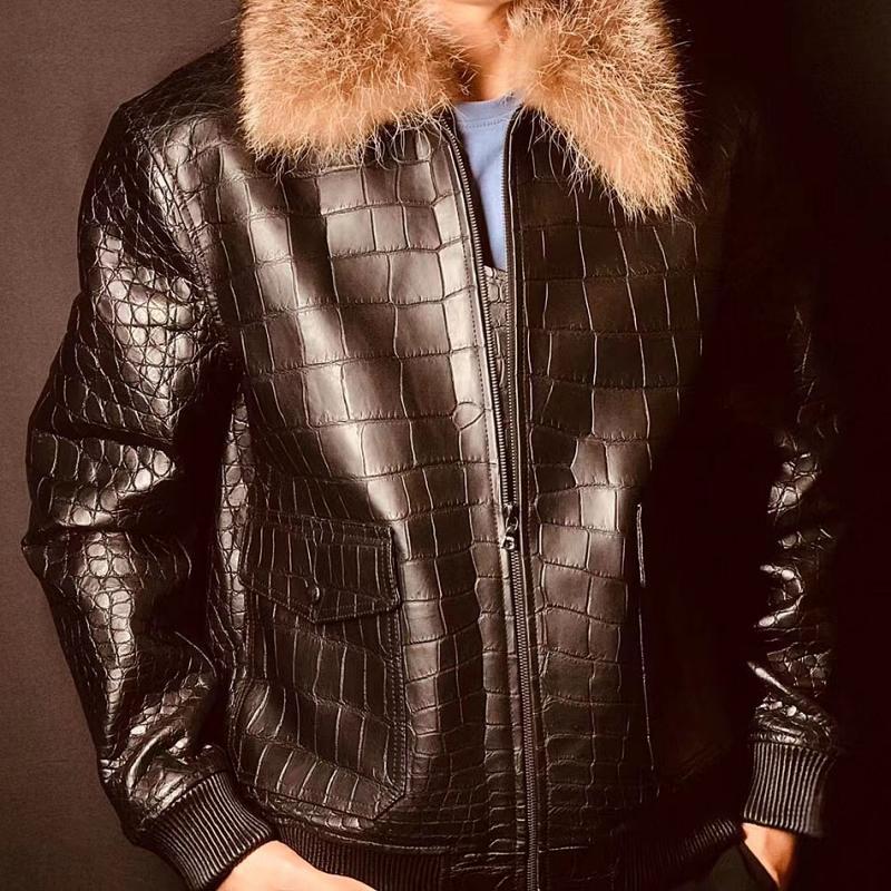 Crocodile Leather Jacket For Him With Shearling Collar