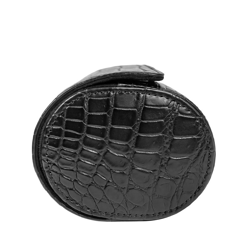 Circular black leather coin purse with crocodile-textured pattern and a fold-over flap