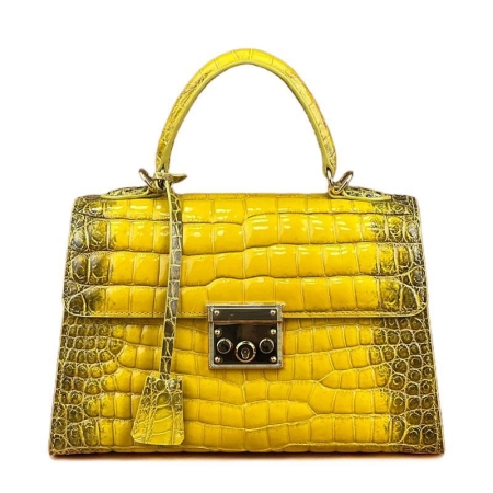 Ladies Alligator Top-Handle Padlock Handbags-Yellow