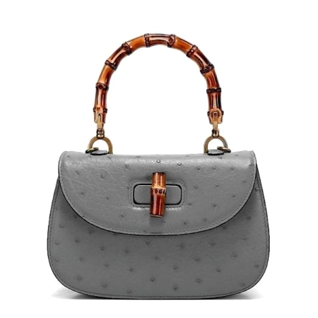 Ostrich Handbag Bamboo Top Handle Purse-Gray