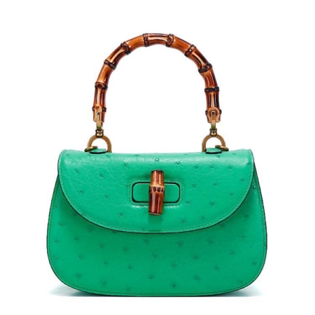 Ostrich Handbag Bamboo Top Handle Purse-Green