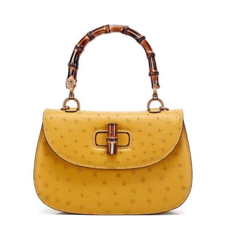 Ostrich Handbag Bamboo Top Handle Purse-Yellow