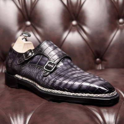 Bespoke Crocodile Leather Double Monk Strap Dress Shoes