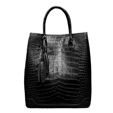 Casual Alligator Leather Tote Bags Travel Tassel Laptop Bags-Black