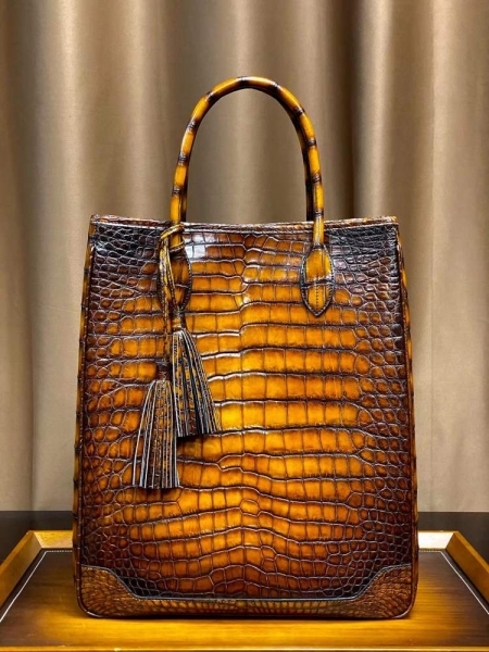 Casual Alligator Leather Tote Bags Travel Tassel Laptop Bags-Brown