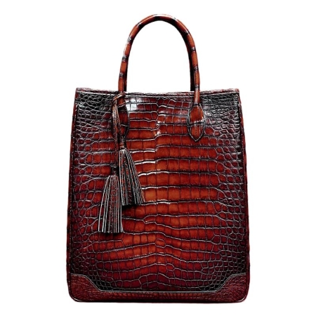 Casual Alligator Leather Tote Bags Travel Tassel Laptop Bags-Burgundy