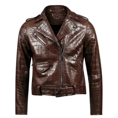 Women's Alligator Motorcycle Jackets Moto Biker Jacket Coats-Brown