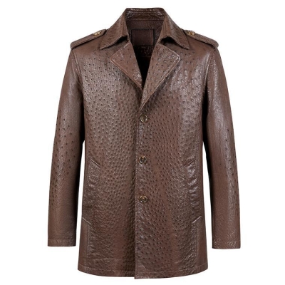 Ostrich Leather Car Coats Long Leather Jacket Men