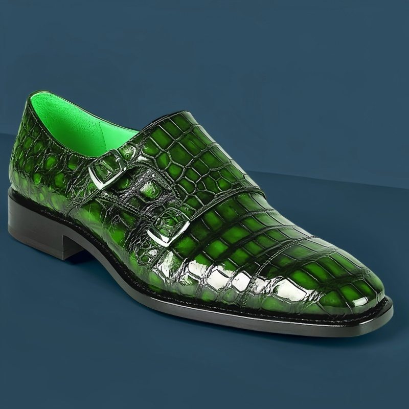 Green Leather Double Buckle Monk Strap Cap-Toe Dress Shoes
