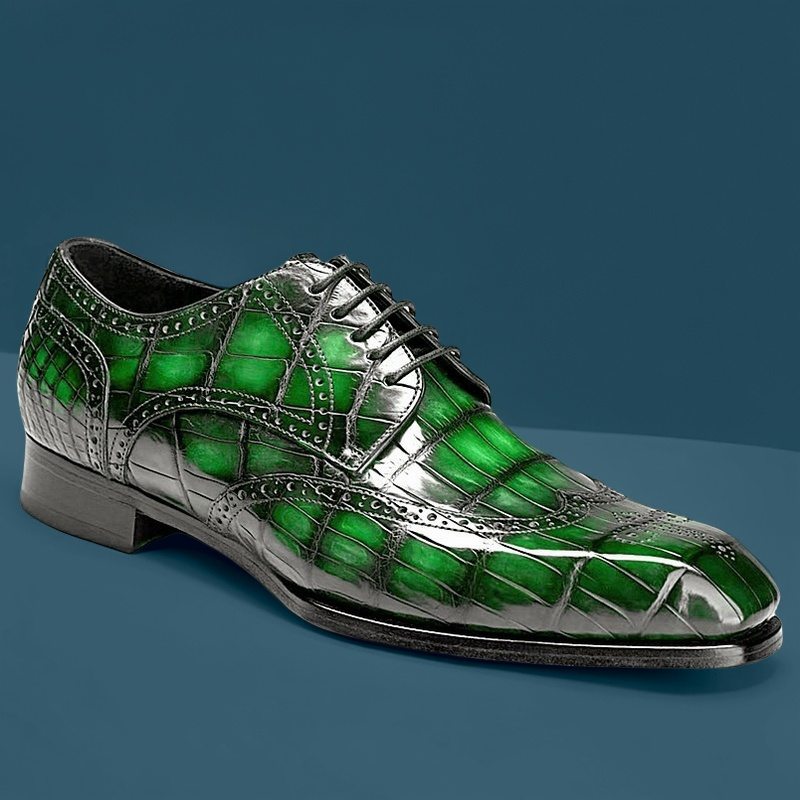 Light Green Hand-Painted Leather Wingtip Derby Shoes Brogue Dress Shoes
