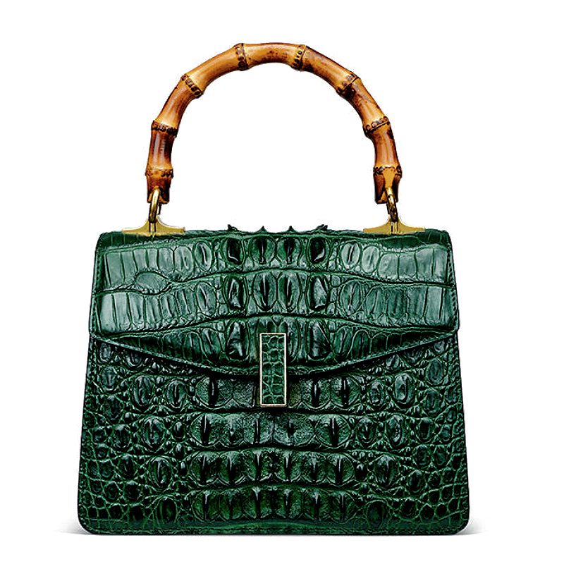 Crocodile Skin Shoulder Bag Handbag with Bamboo Handle for Wedding Guests