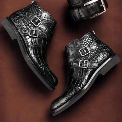 Casual Alligator Leather Boots for Men - Black