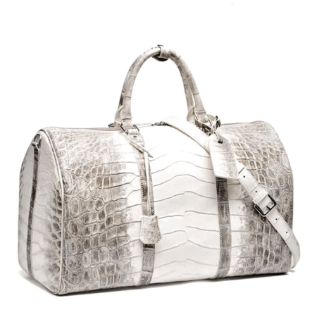 Unisex Glacial White Nile Crocodile Leather Travel Duffle Bag Overnight Bag