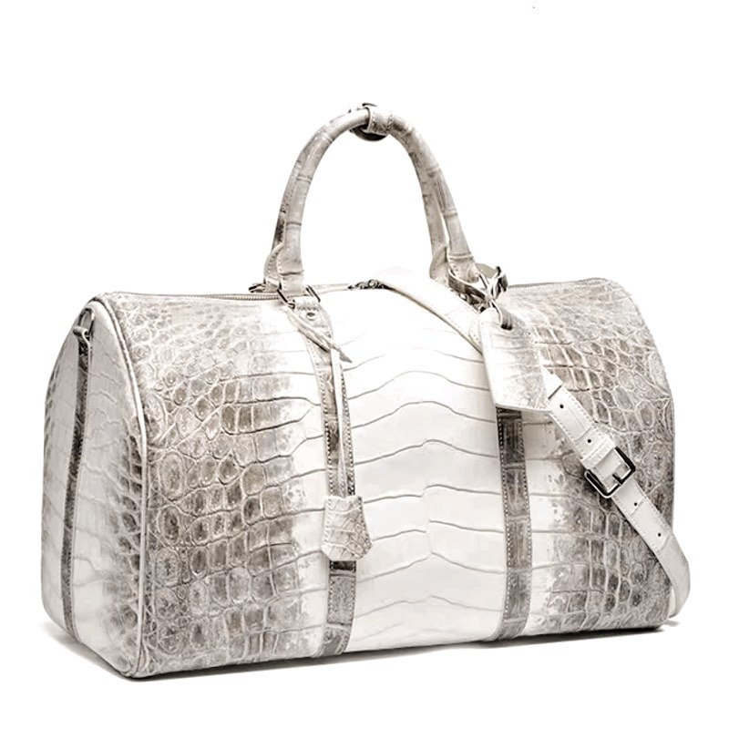 Unisex Glacial White Nile Crocodile Leather Travel Duffle Bag Overnight Bag