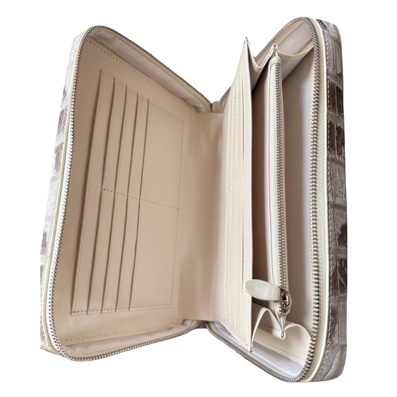 Glacial White Nile Crocodile Leather Zipped Pouch Clutch - interior