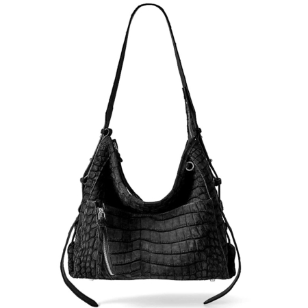 Suede Crocodile Leather Hobo Bags Crossbody Bags - Black