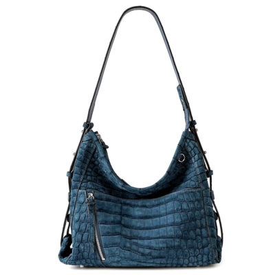 Suede Crocodile Leather Hobo Bags Crossbody Bags - Blue
