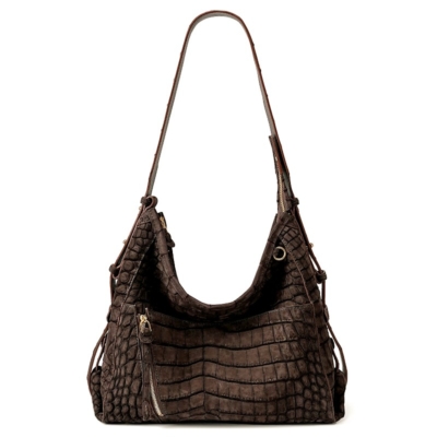 Suede Crocodile Leather Hobo Bags Crossbody Bags - Brown