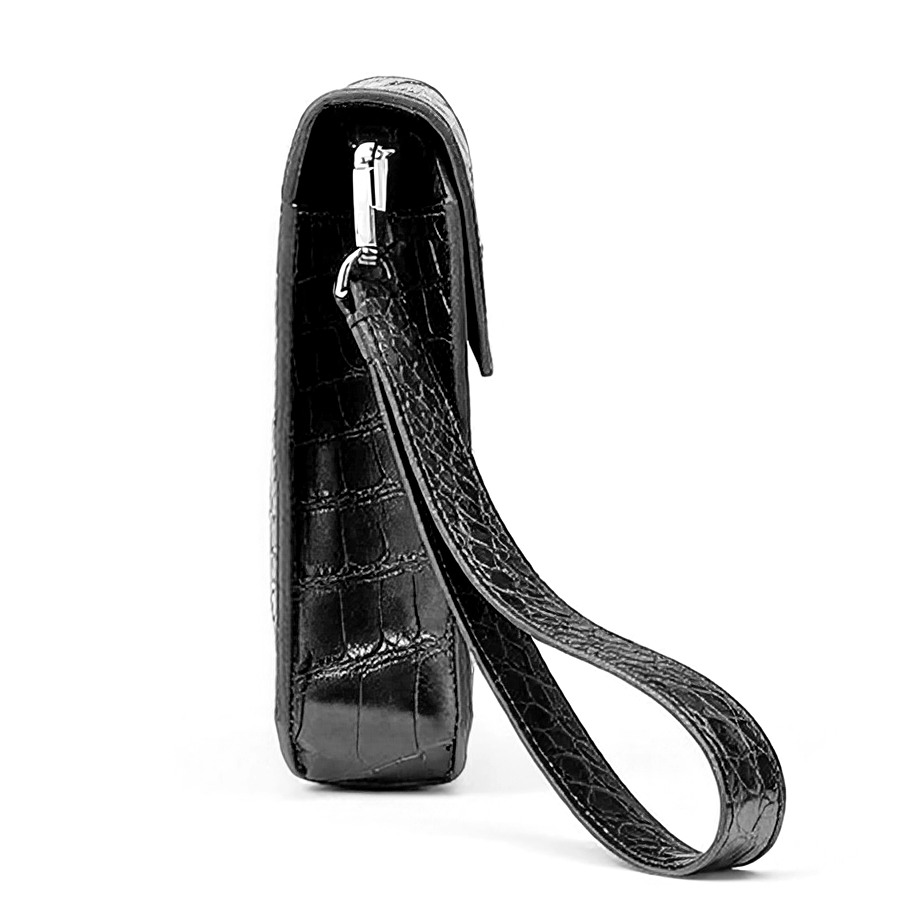 Slim black crocodile-embossed leather wallet with a short detachable strap and silver hardware (side view)
