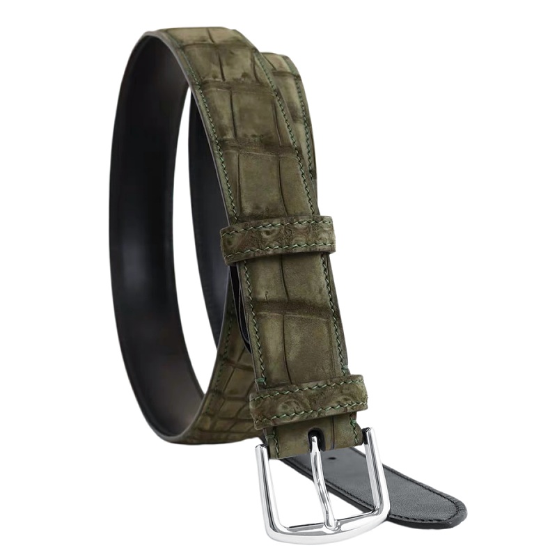 Olive green crocodile-pattern leather belt with a shiny silver buckle.