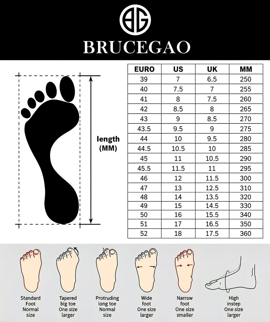 Bruegao shoe size guide: left foot silhouette with measurement marks and a right-side size chart (EU/US/UK, mm).