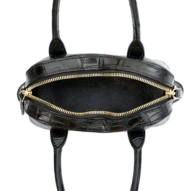 Crocodile Leather Curved-Top Satchel with Gold Hardware-Top