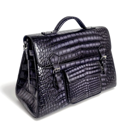 Vintage Crocodile Leather Satchel Briefcase Travel Bag with Front Pocket - Side