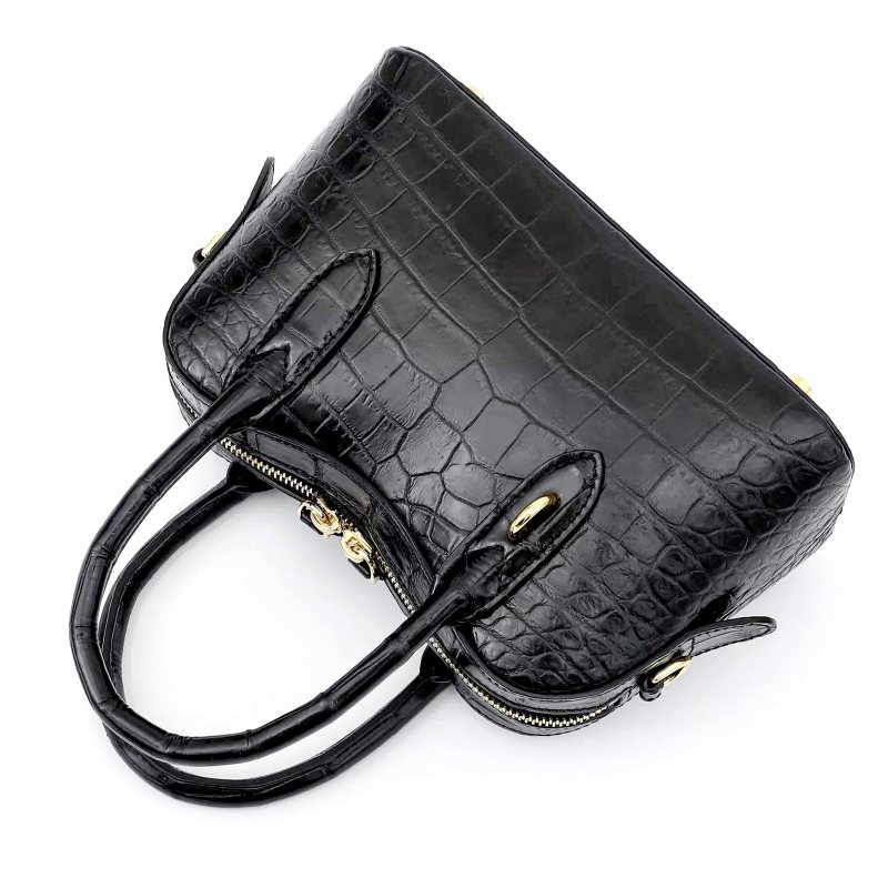 Womens Crocodile Leather Curved-Top Satchel with Gold Hardware